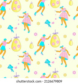 Painting eggs and Happy Easter seamless pattern. Happy Boy and girl coloring easter eggs with a paint brush and rabbit on yellow background. Flat Art Vector illustration