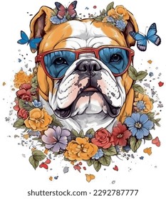 painting english bulldog  using glasses white flowers around and butterfly 