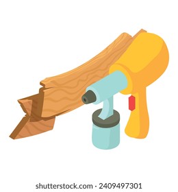 Icono de equipo de pintura vector isométrico. Nueva pistola de aerosol amarilla y signo de madera. Pintura industrial, trabajos de reparación