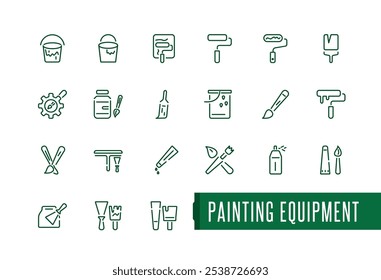 Painting equipment line icons set. Containing creativity, painter, drawing, decorating, paint brush, design, creative and more. Thin linear style icons. Vector icons editable stroke.