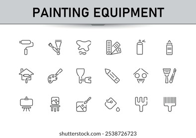 Painting equipment line icons set. Containing creativity, painter, drawing, decorating, paint brush, design, creative and more. Thin linear style icons. Vector icons editable stroke.