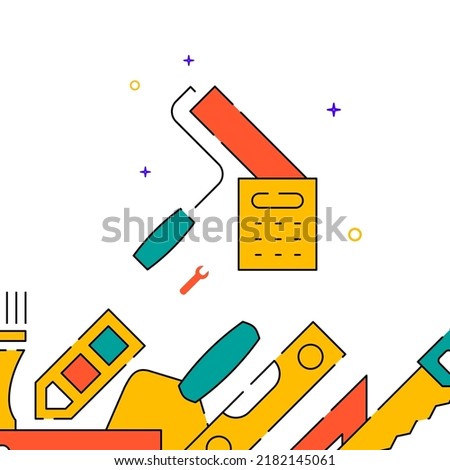Painting estimate, paint roller and calculator filled line vector icon, simple illustration, related bottom border.
