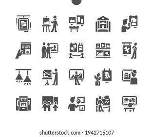 Painting exhibition. Art gallery. Picture and painter. Man looks at the picture. Drawing, show, creative, artistic, studio, graphic and design. Vector Solid Icons. Simple Pictogram