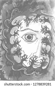 Painting with an eye looking through psychedelic trees.