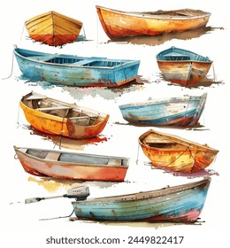 The painting features a variety of boats, vector, showcasing a diverse range of water vessels in the artwork