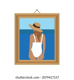 Painting with a female character in a swimsuit against the background of the sea hangs on a white background