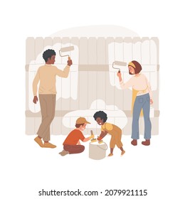 Painting the fence isolated cartoon vector illustration. Family members painting the fence together, seasonal outdoor work, happy children holding brush, help parents to paint cartoon vector.