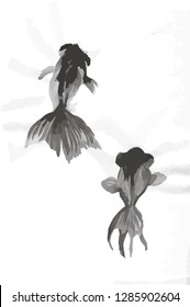 Painting with fish in the Japanese style, made in the ink.