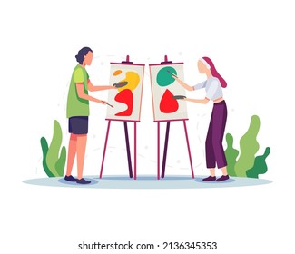 Painting flat illustration concept. People paint using Easel, Canvas, Brushes and Watercolor. Vector illustration in a flat style