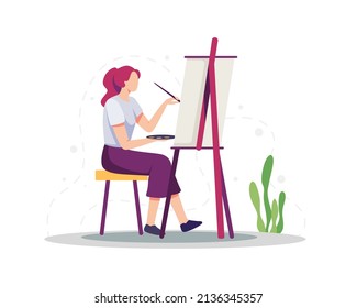 Painting flat illustration concept. Young woman paint using Easel, Canvas, Brushes and Watercolor. Vector illustration in a flat style