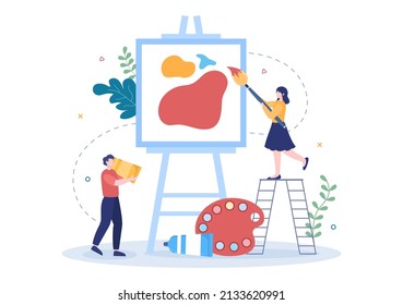 Painting Flat Illustration with Someone who Paints using Easel, Canvas, Brushes and Watercolor for Poster or Workshops Designs