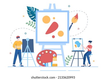 Painting Flat Illustration with Someone who Paints using Easel, Canvas, Brushes and Watercolor for Poster or Workshops Designs