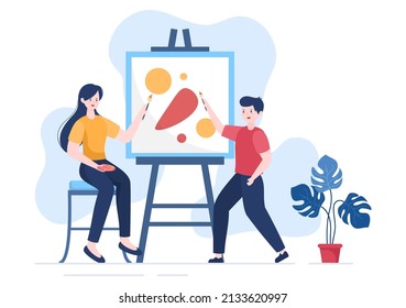 Painting Flat Illustration with Someone who Paints using Easel, Canvas, Brushes and Watercolor for Poster or Workshops Designs