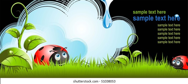 Painting flower with ladybug on blue background  with blue sky