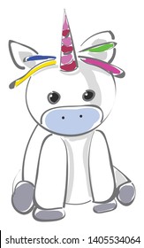 The painting of a foil unicorn balloon from spritz toy with shiny, multicolored mane and horn that creates a party and festive atmosphere, vector, color drawing or illustration. 