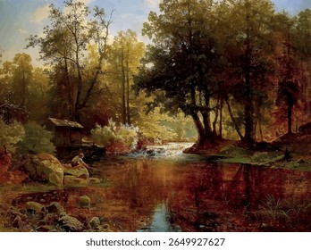 A pintura "Forest Lake with Boy Fishing" de Alfred capta lindamente a serenidade da natureza e maravilha da infância.