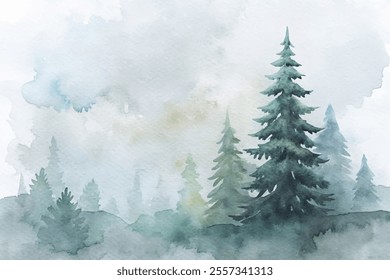 A painting of a forest with a large tree in the center. The trees are green and the sky is cloudy. The mood of the painting is peaceful and serene