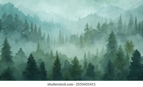 A painting of a forest with trees and mist. The painting has a serene and peaceful mood, with the mist adding to the sense of calmness. The trees are tall and dense, creating a sense of depth