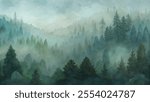 A painting of a forest with trees and a misty sky. The painting evokes a sense of calm and tranquility, as the viewer is surrounded by the peacefulness of nature. The trees are tall and dense