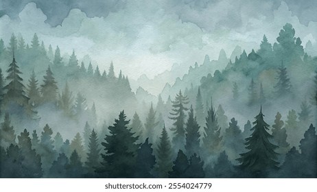 A painting of a forest with trees and a misty sky. The painting evokes a sense of calm and tranquility, as the viewer is surrounded by the peacefulness of nature. The trees are tall and dense