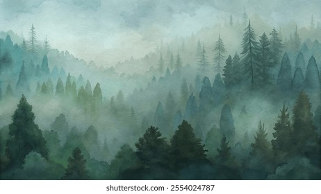 A painting of a forest with trees and a misty sky. The painting evokes a sense of calm and tranquility, as the viewer is surrounded by the peacefulness of nature. The trees are tall and dense