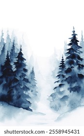 A painting of a forest with trees and a path. The trees are blue and the sky is white. The mood of the painting is calm and peaceful