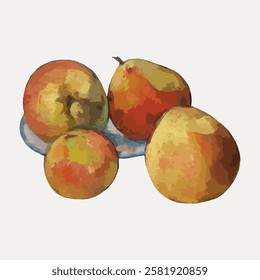 Painting of four apples and pears. Apples and pears in vibrant hues. Artistic apples and pears illustration. Apples and pears on a light background. Vintage fruit illustrations vector.