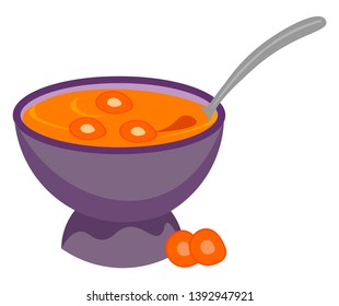 Painting of a giant purple bowl filled with carrot soup and a spoon to be enjoyed by someone  vector  color drawing or illustration