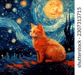 A painting of a ginger cat sitting on top of a hill on the background of the night sky. Parody on Vincent van Gogh illustration for wall art and cafe decor.