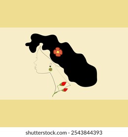 Painting of a girl with a mallow. Girl with black hair. Red flower in hair. Beauty. Beauty salon. Stylistics.