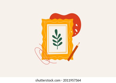 Painting in a gold frame with a pencil on a light isolated background. Materials for the young artist vector illustration. Design elements for children's art studios.