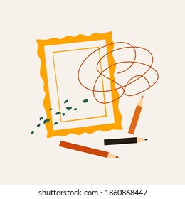 Painting in a gold frame with pencils on a light isolated background. Materials for the young artist vector illustration. Design elements for children's art studios.