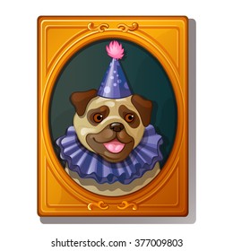 Painting in a Golden frame. Picture of circus dog. Vector.