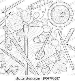 Pintura de uvas con paleta, cepillos y pinturas.Antirestrés para libros coloreados para niños y adultos. Ilustración aislada sobre fondo blanco. Estilo zenano-margino. Dibujo en blanco y negro.Dibujo a mano
