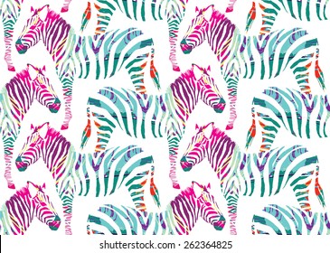 Painting hand drawn animal multicolor zebra on a white background. Fashion art jungle safari print vector seamless pattern