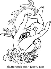 Painting of a hand in a wise position with an eye on the palm. Tattoo idea.