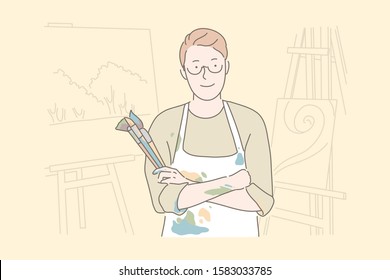 Painting hobby, art studio, workshop concept. Male painter in apron holding paintbrushes, young talented artist, drawing class teacher surrounded with pictures. Simple flat vector