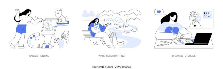 Pintura como un hobby aislado conjunto de Ilustraciones vectoriales de dibujos animados. La mujer crea la pintura en el lienzo, crea el arte de la acuarela, sosteniendo el pincel en las manos, viendo los tutoriales de dibujo, dibujando la historieta del Vector.