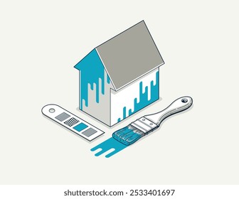 Ilustración isométrica del Vector 3D de las paredes exteriores de la casa de la pintura, renovación de la pintura de la fachada del bricolaje, casa familiar Pequeña residencial o casa de campo, edificio exterior de la pintura.