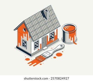 Painting house exterior walls vector 3D isometric illustration, diy facade paint renovation, residential small family house or cottage, outside painting building.