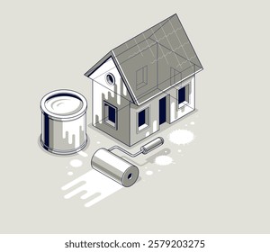 Painting house exterior walls vector 3D isometric illustration, whitewash diy facade paint renovation, residential small family house or cottage, outside painting building.