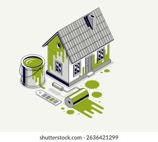 Painting house exterior walls vector 3D isometric illustration, diy facade paint renovation, residential small family house or cottage, outside painting building.