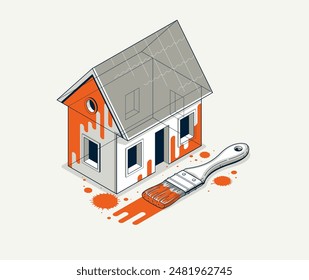 Servicio de pintura de la casa paredes exteriores Vector ilustración isométrica 3D, renovación de pintura de fachada de trabajador profesional, casa de familia Pequeña residencial o casa de campo, edificio de pintura exterior.