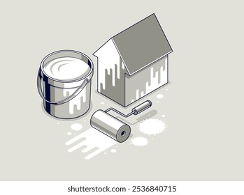 Painting house service exterior walls vector 3D isometric illustration, professional worker facade whitewash paint renovation, residential small family house, outside painting building.