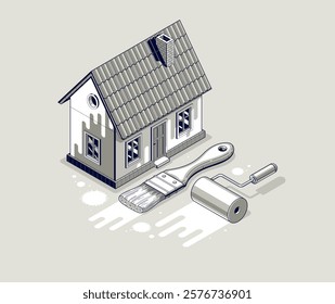 Painting house service exterior walls vector 3D isometric illustration, professional worker facade whitewash paint renovation, residential small family house, outside painting building.