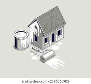 Painting house service exterior walls vector 3D isometric illustration, professional worker facade whitewash paint renovation, residential small family house, outside painting building.