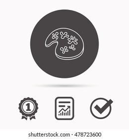 Painting icon. Artistic tool sign. Report document, winner award and tick. Round circle button with icon. Vector