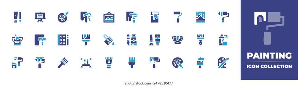 Painting icon collection. Duotone color. Vector illustration. Containing paintbrush, watercolors, painttube, paintroller, painted, paintbucket, paint.