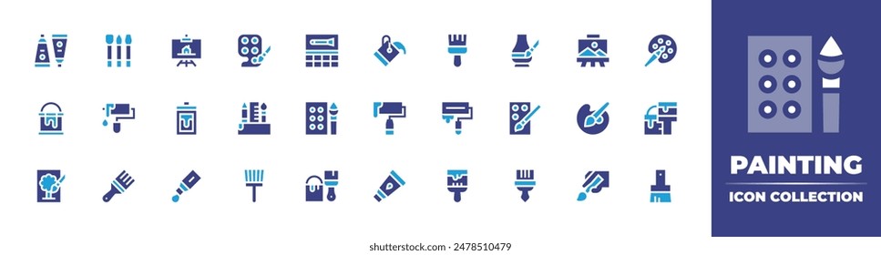 Painting icon collection. Duotone color. Vector illustration. Containing paint, brush, acrylic, paintbucket, watercolor, pencilcase, paintroller, painttube, paintbrush.