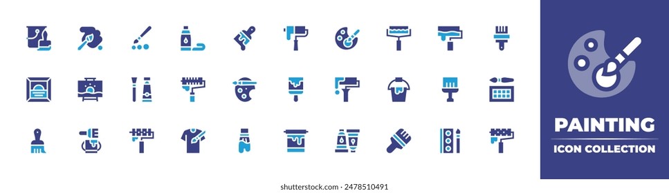 Kollektion des Malsymbols. Zweitonfarbe. Vektorillustration. Enthaltene Shirt, Malerei, Leinwand, Maleimer, Pinsel, Farbpalette, Paintroller, Farbe.